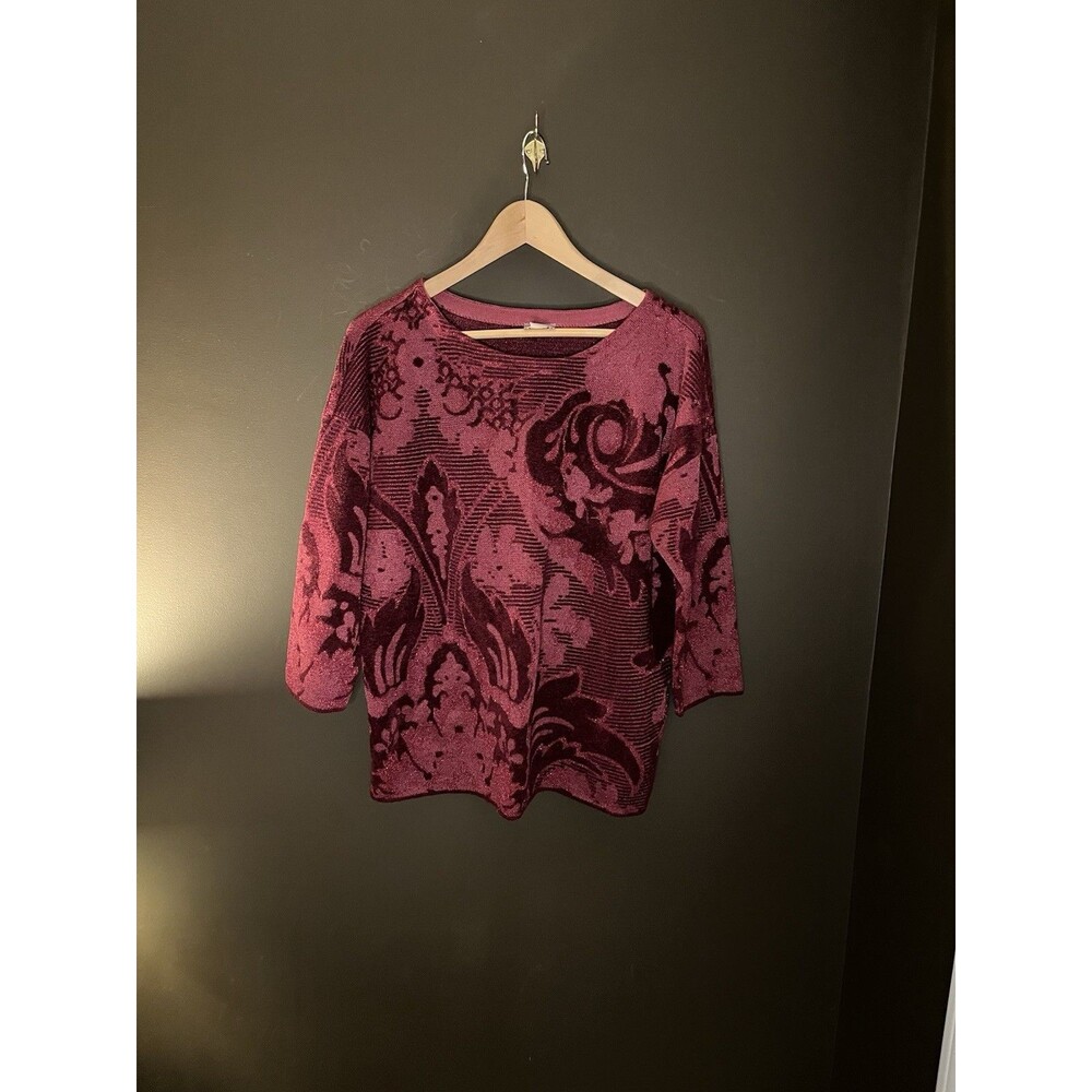 Chico’s Size 2 L 12/14 Burgundy Floral Shimmer Knit Top 3/4 Sleeve